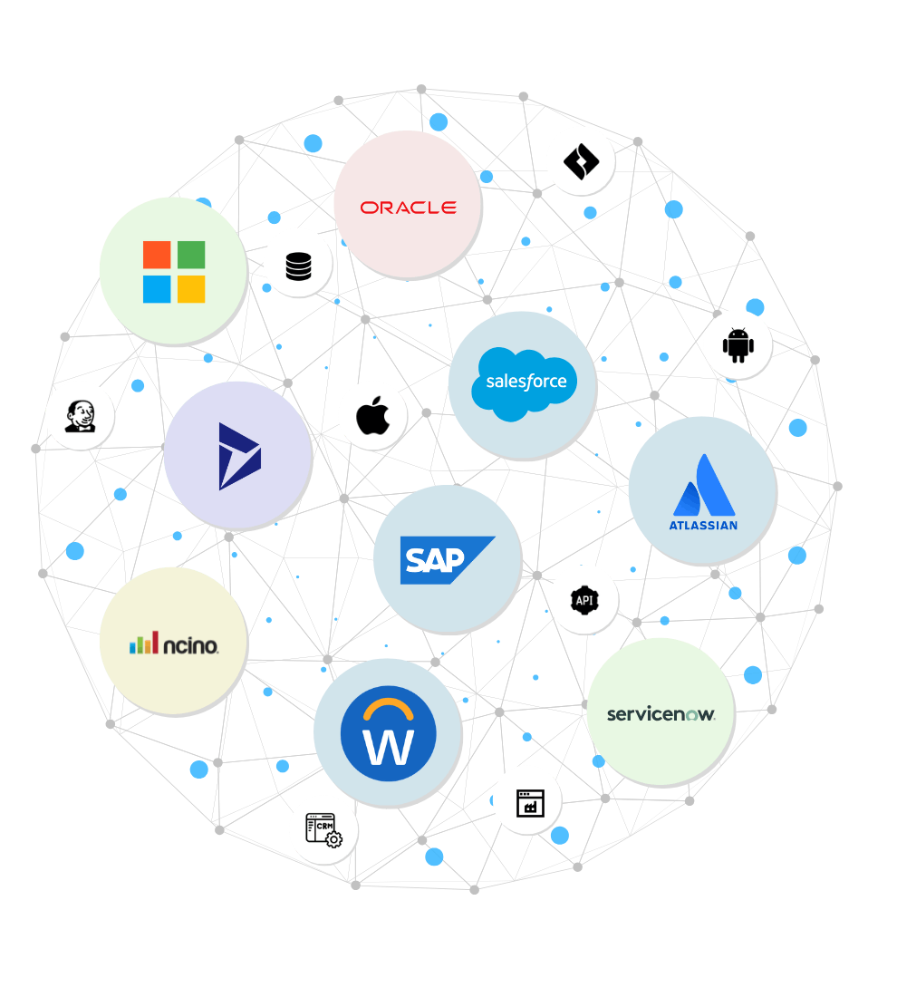 Enterprise, IT Landscape, Salesforce, SAP, Oracle, nCino, ServiceNow, Workday, Microsoft, Dynamics 365, Apple, iOS, Android, Atlassian, Jira, Jenkins, Gitlab, Azure DevOps, Docker, Database, CRM, ERP, Custom Apps, Web Apps, Mobile